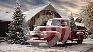 Christmas Vintage Pick-up Truck Carrying A Christmas Tree Parked Outside Festively Decorated Barn Shop. Generative AI