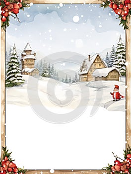 Christmas vintage postcard. Beautiful small houses and fir trees in a winter day in decorative frame with spruce needles