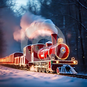 Christmas vintage red train in winter snow forest