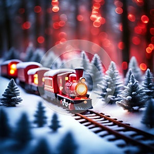 Christmas vintage red train in winter snow forest