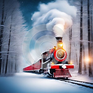 Christmas vintage red train in winter snow forest