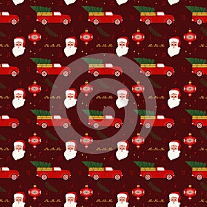 Christmas Vintage Seamless pattern with Santa and pickup truck car. Vector illustration