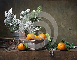 Christmas vintage still life with tangerines photo