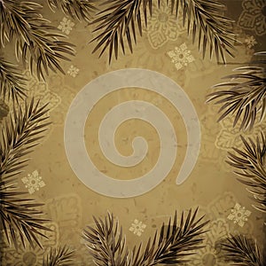 Christmas vintage vector abstract background with snowflakes and pine needles.