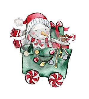 Christmas wagon with gifts . Watercolor hand drawn illustration for invitations, greeting cards, prints, packaging and more. Merry