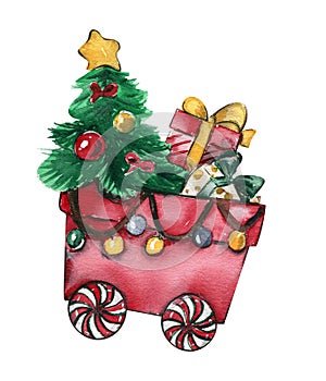 Christmas wagon with gifts . Watercolor hand drawn illustration for invitations, greeting cards, prints, packaging and more. Merry
