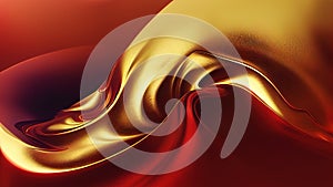 Christmas wallpaper with abstract moving glossy red and gold liquid. Background Xmas texture with wavy movements for graphic