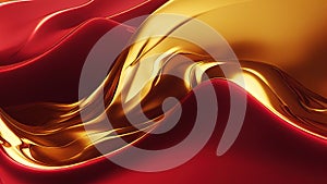 Christmas wallpaper with abstract moving glossy red and gold liquid. Background Xmas texture with wavy movements for graphic