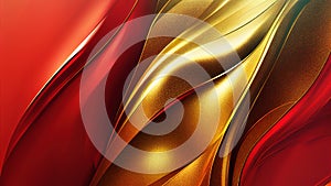 Christmas wallpaper with abstract moving glossy red and gold liquid. Background Xmas texture with wavy movements for graphic