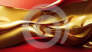 Christmas wallpaper with abstract moving glossy red and gold liquid. Background Xmas texture with wavy movements for graphic
