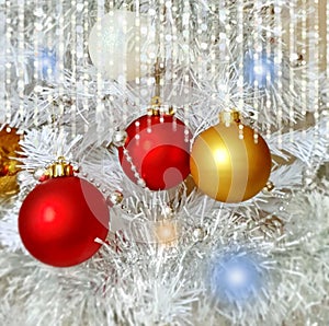 Christmas  wallpaper holiday white gold silver red green balls with snowflakes  light decoration light new year blurry lights back