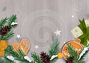 Christmas wallpaper made of fir branches, festive decorations, gift boxes and pine cones on white wooden table. Christmas