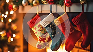 Christmas warm socks gifts hanging by the fireplace close-up