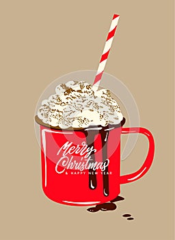 Christmas Warming beverage quote. Modern calligraphy style handwritten lettering with red cup of coffee.