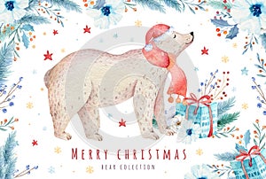 Christmas watercolor bear. Cute kids xmas forest bears animal illustration, new year card or poster. Hand drawn nursery