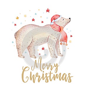 Christmas watercolor bear. Cute kids xmas forest bears animal illustration, new year card or poster. Hand drawn nursery