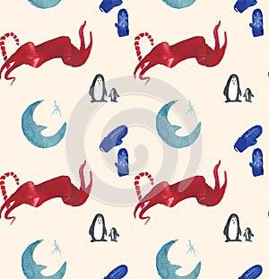 Christmas Watercolor beautiful seamless pattern with penguins, candy, moon and mittens