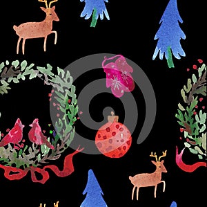 Christmas Watercolor beautiful seamless pattern with wreath, deer, ribbons, mittens and tree