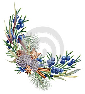CHRISTMAS WATERCOLOR BOUQUET WITH BLUE BERRIES