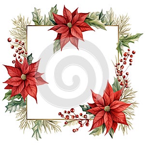 Christmas watercolor decoration, square frame with red poinsettia flowers, berries and golden elements