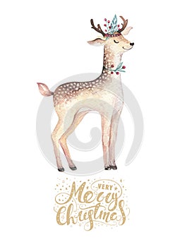 Christmas watercolor deer. Cute kids xmas forest animal illustration, new year card or poster. Hand drawn isolated baby