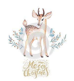 Christmas watercolor deer. Cute kids xmas forest animal illustration, new year card or poster. Hand drawn isolated baby