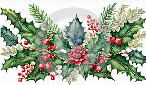 Christmas watercolor floral arrangement of holly with berries and spruce hand drawn isolated on a white background, generative Ai