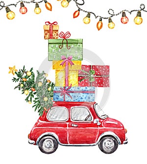 Christmas watercolor illustration with hand drawn red car, fir tree, lights garland and gift boxes, isolated. New Years card
