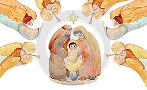 Christmas watercolor illustration of the Nativity scene: the newborn Jesus Christ, the Blessed Virgin Mary, Joseph, and angels.