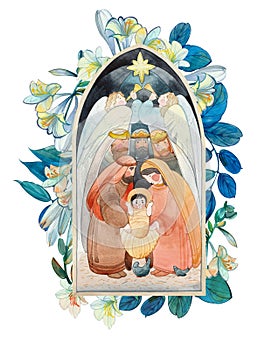 Christmas watercolor illustration of the Nativity scene: the newborn Jesus Christ, the Virgin Mary, Joseph, the three wise men,