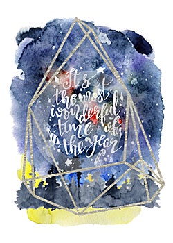 Christmas watercolor letteribg quote with abstract night sky and silhouette woodland background