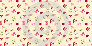 Christmas watercolor pattern with gnomes, bull in santa hat, mistletoe on caramel background. Hand drawing. Patern for textiles,