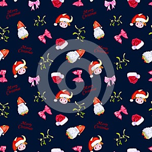 Christmas watercolor pattern with gnomes, bull in santa hat, mistletoe on dark blue background. Hand drawing. Patern for textiles