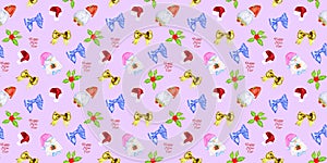 Christmas watercolor pattern with gnomes, santa hat, holly on pink background. Hand drawing. Patern for textiles, paper,