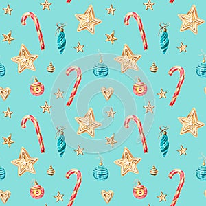 Christmas Watercolor seamless pattern with candies, cukies, stars, decorations. Watercolor isolated winter illustration