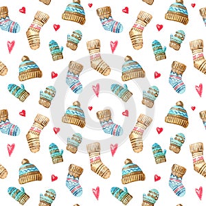 Christmas Watercolor seamless pattern with hearts, hats and socks. Watercolor isolated winter illustration