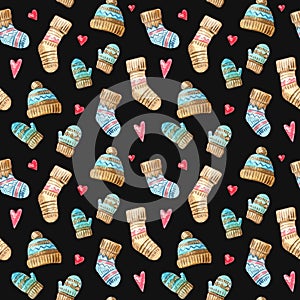 Christmas Watercolor seamless pattern with hearts, hats and socks. Watercolor isolated winter illustration