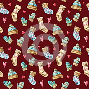 Christmas Watercolor seamless pattern with hearts, hats and socks. Watercolor isolated winter illustration