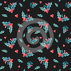 Christmas Watercolor seamless pattern with hearts, mistletoe, on black background. Watercolor isolated winter