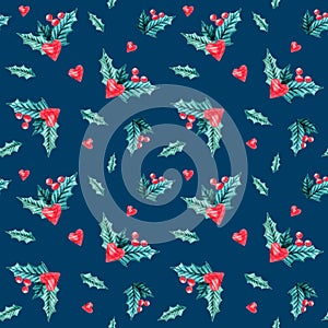 Christmas Watercolor seamless pattern with hearts, mistletoe, on blue background. Watercolor isolated winter