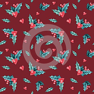 Christmas Watercolor seamless pattern with hearts, mistletoe, on red background. Watercolor isolated winter illustration