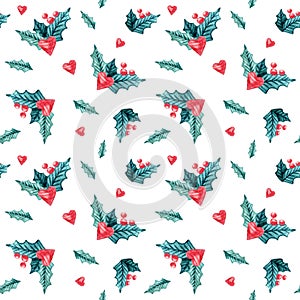 Christmas Watercolor seamless pattern with hearts, mistletoe, on white background. Watercolor isolated winter