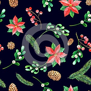 Christmas watercolor seamless pattern.Red poinsettia flower,holly,berry,mistletoe,leaves,green pine,spruce on black