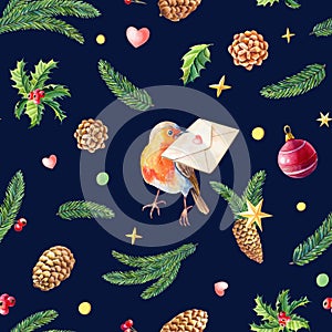 Christmas watercolor seamless pattern with robin bird,Holly, leaves,berries,pine,spruce