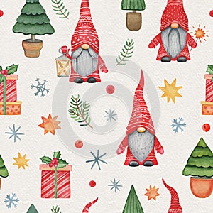 Christmas watercolor seamless patterns with gnomes and gifts