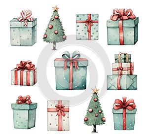 Christmas watercolor set, different green gift boxes with red bows and Christmas trees decorated with balls. New