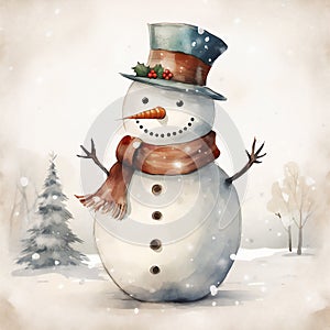 Christmas watercolor Winter holidays . Holiday design with snowman. Happy New year greeting card