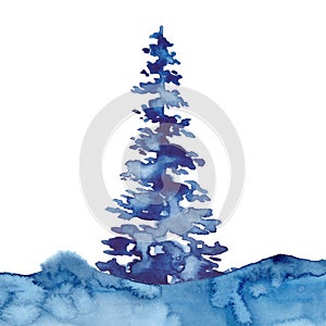 Christmas Watercolour Blue Tree Design Background of pine tree element on white background. Xmas holiday decorative
