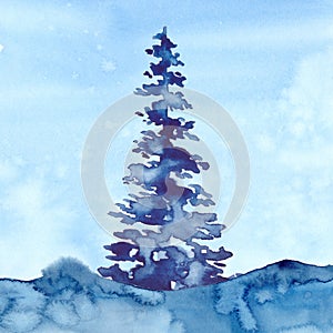 Christmas Watercolour Blue Tree Design Background in Watercolor style XMAS pine tree and snow illustration of Christmas