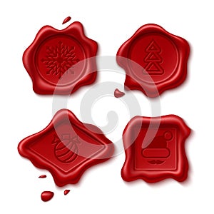Christmas wax seal. Realistic red holiday stamps with New Year symbols. Snowflake, toy or Xmas tree imprint. Sealing